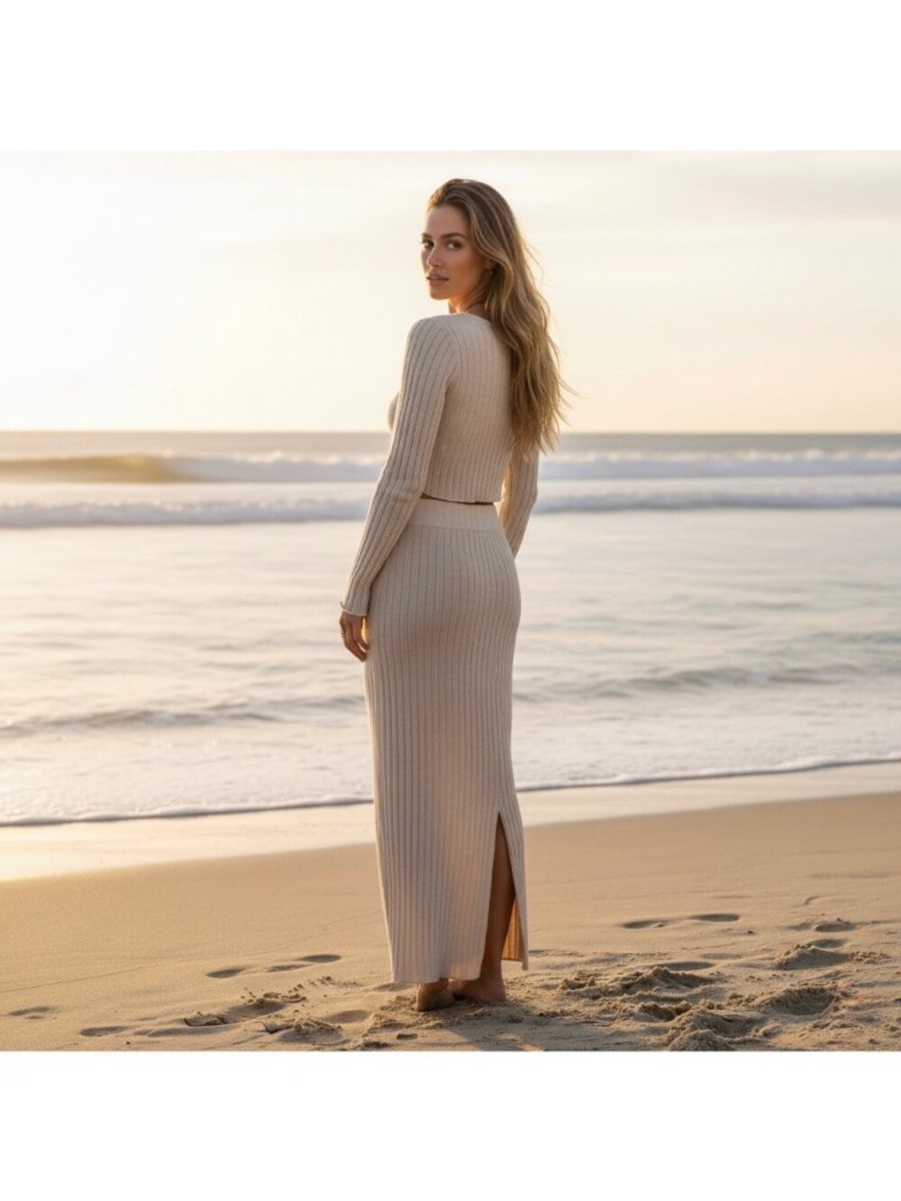 NWOT Free People Beige Soft Ribbed Knit Top & Maxi Skirt 2 Piece Set L Boho - Picture 8 of 13